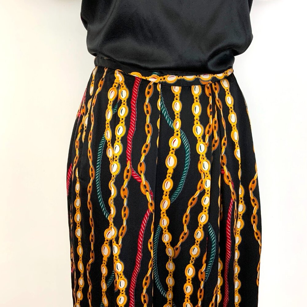 Hana Sung Midi Pleated Silk Skirt Chain Jewel Print Sz 12-10 - Picture 7 of 16